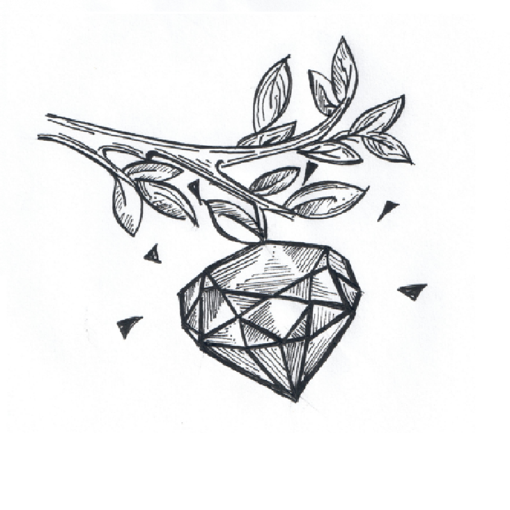 Szkic przedstawiający duży diament rosnący na gałązce drzewa, jak jabłko, co symbolizuje ekologiczny sposób tworzenia diamentów