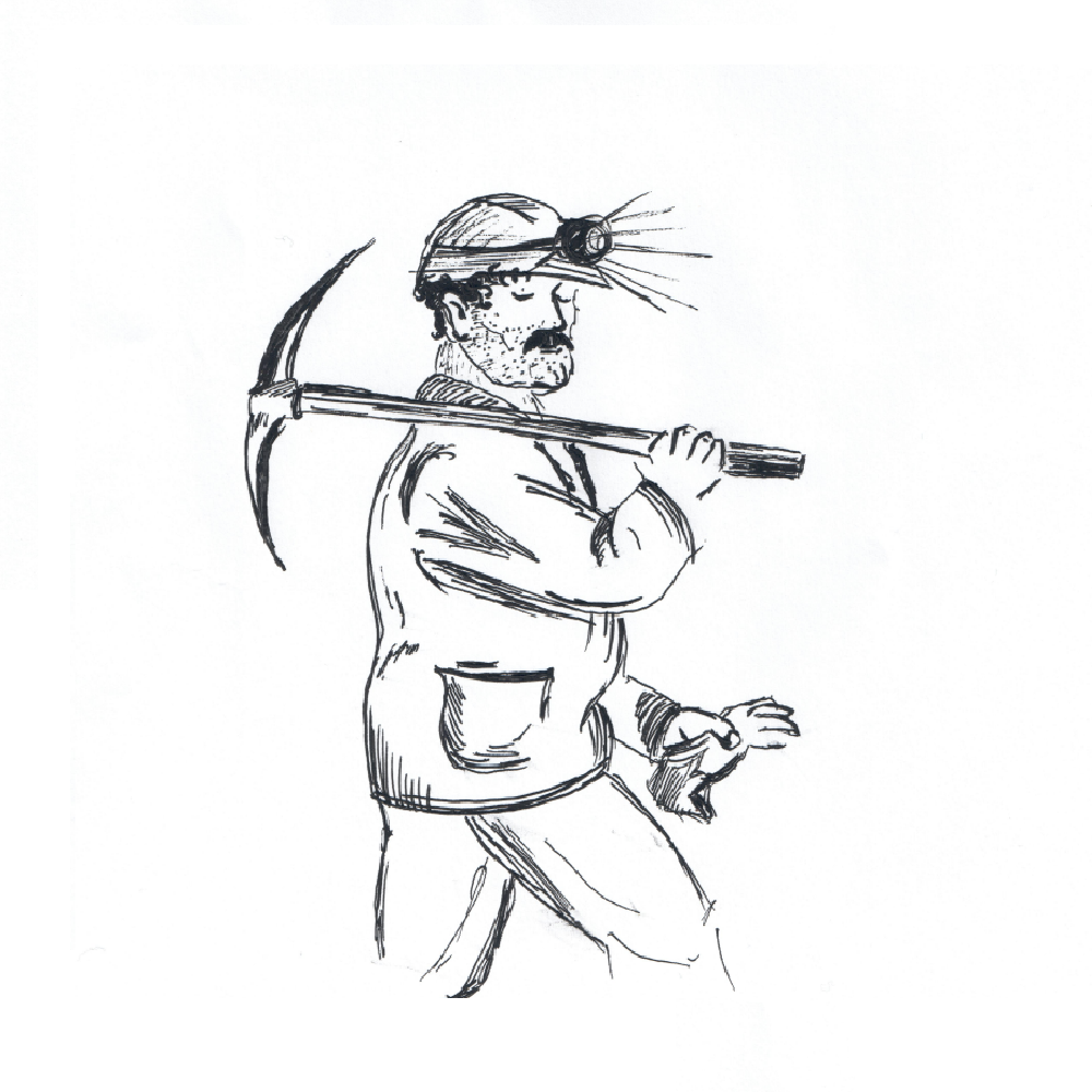 szkic mężczyzny - górnika niosącego kilof w ręce, oparty o ramię, w kasku i latarce górniczej
