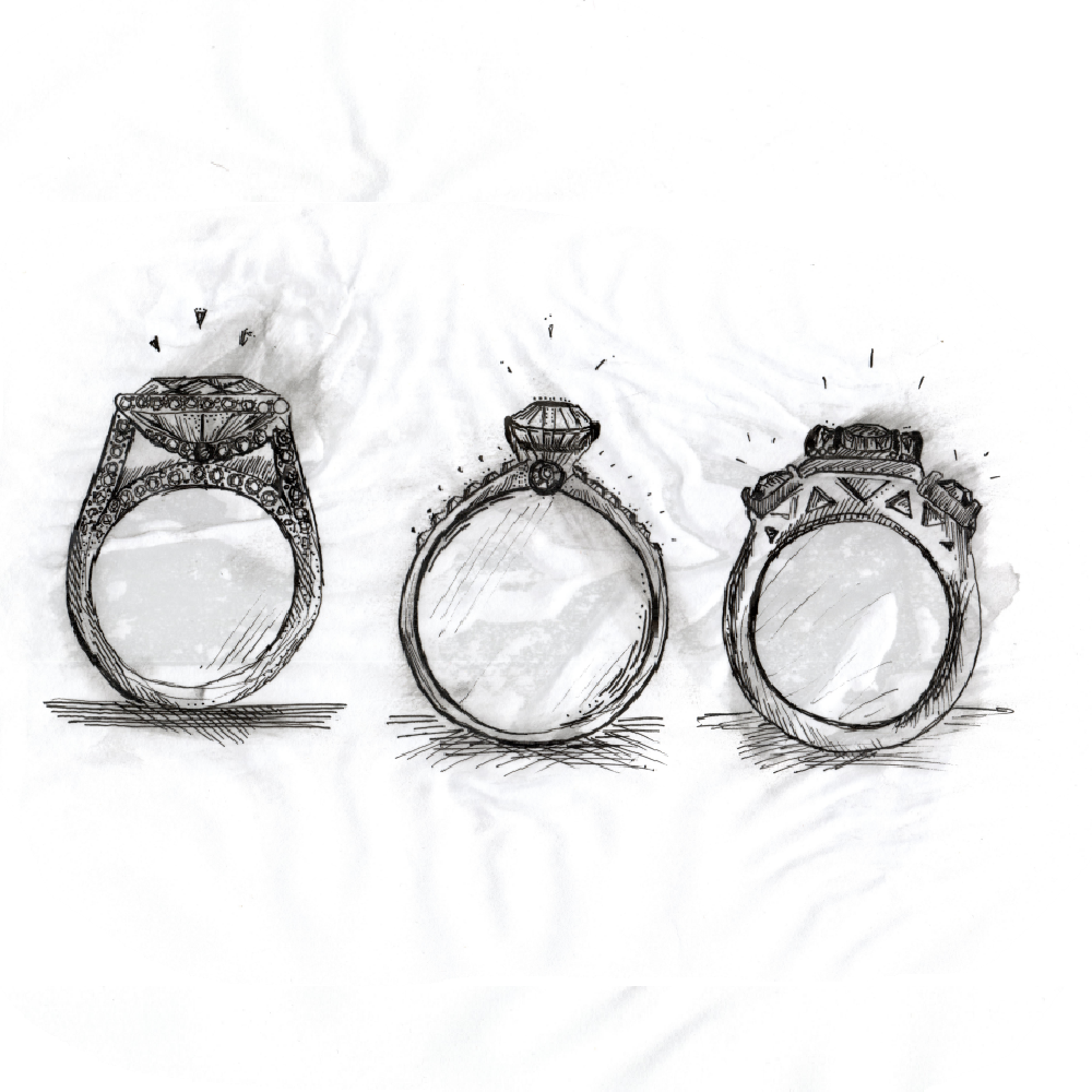 Szkice trzech pierścionków zaręczynowych z  brylantami lub diamentami. Po lewej pierścionek zaręczynowy w układzie katedralnym z diamentem, w środku klasyczny peirścionek zaręczynowy z pojedynczym brylantem, po prawej pierścionek zareczynowy z diamentami.